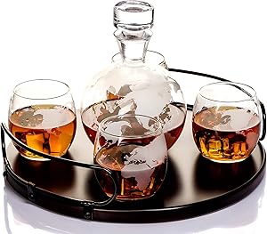 Whiskey Globe Decanter Sets for Alcohol by Kemstood – Newest Large Etched World Globe Decanter for Men and Women with Wood Base – Personalized Gift Set with 4 Glasses for Liquor Scotch Bourbon Brandy