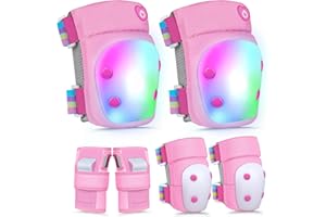 LEMMEKO Knee Pads for Kids with LED Lights, Kids Knee Pads and Elbow Pads Wrist Guards Set with Drawstring Bag for Girls 3-8 Years Adjustable Protective Gear Set for Scootering Cycling Skateboarding