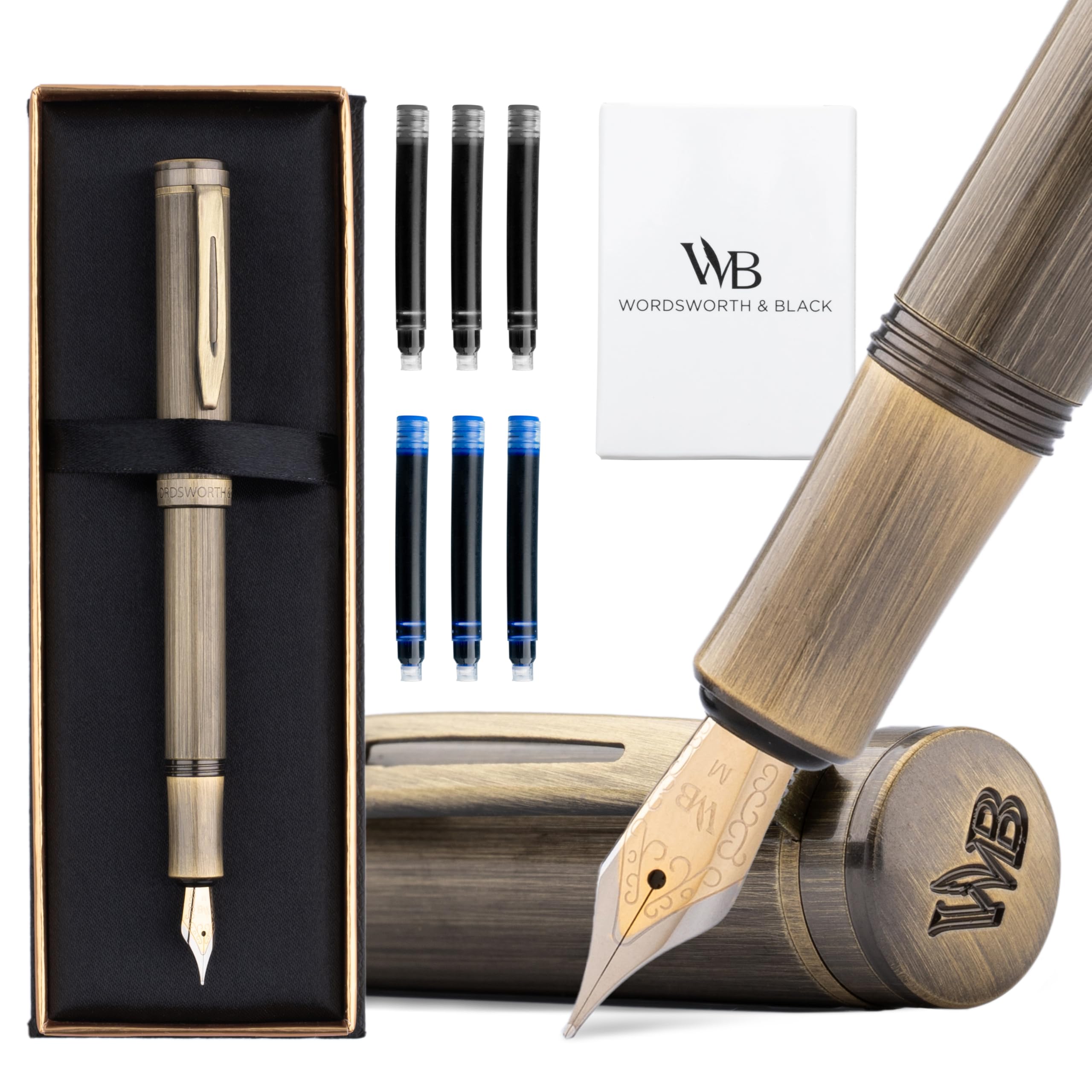 Wordsworth and Black Fountain Pen Mini EDC: Luxury Bronze Heavy Pocket Pen, Medium Nib, 6 Ink Cartridges, Ink Converter, Travel Refillable Writing Pen Gift Set, Men & Women