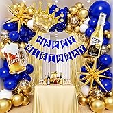 121pcs Royal Blue Gold Birthday Party Decorations with Happy Birthday Banner Foil Balloons for 16th 18th 21st 24th 32th 40th 50th 60th Birthday Decorations for Men