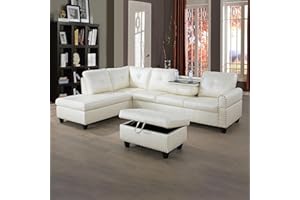 LOPOO 3-Piece Faux Leather Sectional Couch, Button Tufted Upholstered Modular Sofas with Chaise Lounge and Storage Ottoman, Large L-Shaped Living Room Sets w/Foldable Console and Cup Holder (White)