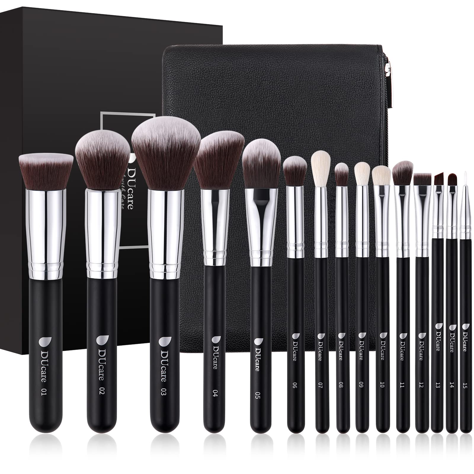 DUcare Makeup Brushes Set 15pcs with Cosmetic Bag, Professional Cosmetic Brushes Foundation Powder Contour Blush Eye Brush Sets