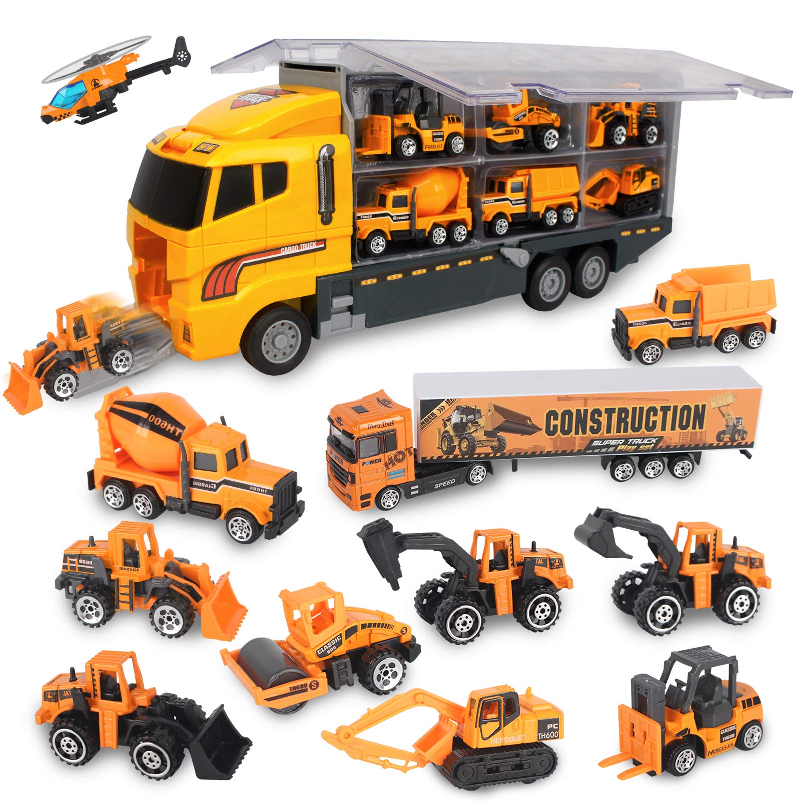 jenilily Toy Vehicle Mini Cars Model & Carrier Trucks, Transporter Construction Mini Excavator Digger Dumper Tractor Toy for Kids boys Age 3 4 5