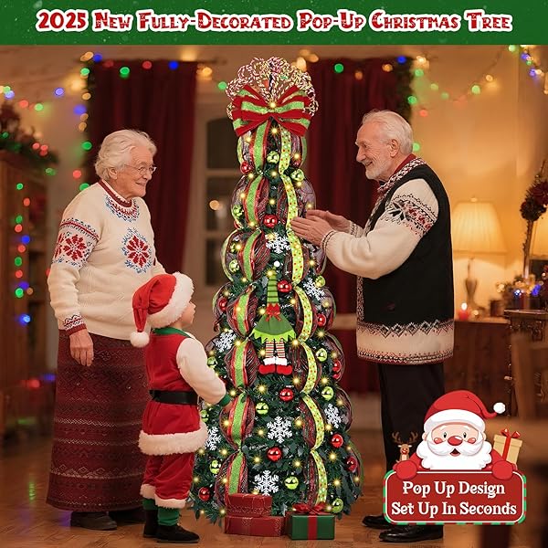 MARTINE MALL 6FT WHIMSICAL POP UP CHRISTMAS TREE WITH 8 MODE 180 WARM LIGHTS, COLLAPSIBLE FOLDABLE CHRISTMAS TREE PULL UP FULLY DECORATED XMAS TREES WITH 117PCS CHRISTMAS ORNAMENTS FOR INDOOR OUTDOOR