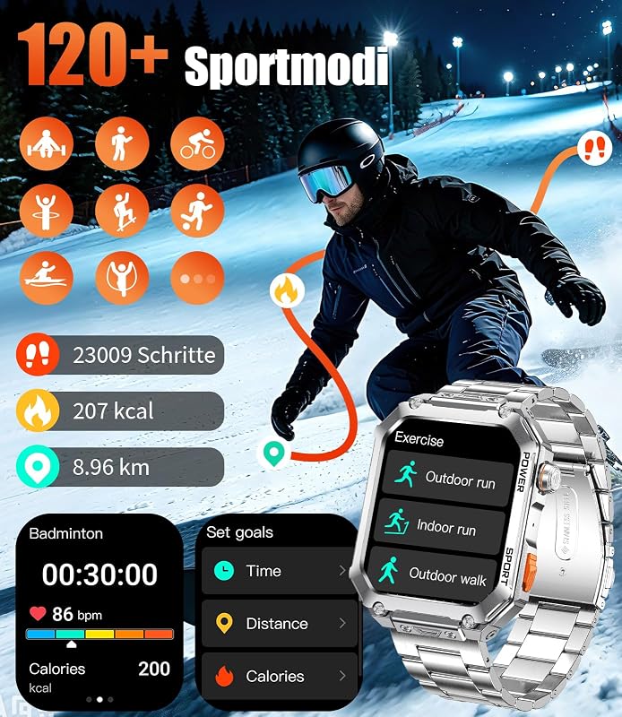 Smartwatch Herren mit großem 2,01" HD-Bildschirm, 2 Armbänder, Bluetooth-Anrufe, Herzfrequenz & SpO2-Messung, 120+ Sportmodi, IP68 wasserdicht Sportuhr iOS/Android, Silber — Foto 4 von 7