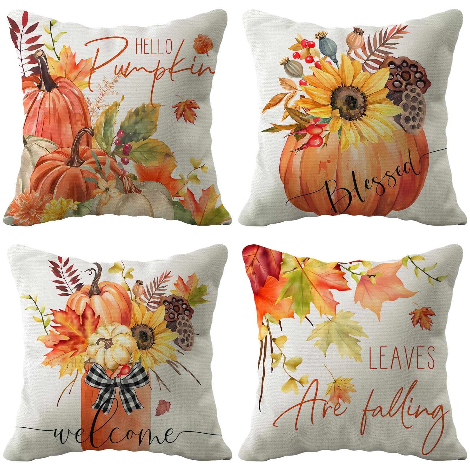 Photo 1 of Dotegu Fall Decor Pillow Covers 18x18 Set of 4 Pumpkin Maple Leaves Sunflower Vase Fall Outdoor Throw Pillows Covers Autumn Farmhouse Thanksgiving Decorative Cushion Case for Couch Sofa