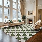 Washable Rug 8x10 Checkered Rug, Green and White Area Rug, Boho Large Rugs for Living Room, Low Pile Lightweight Indoor Carpet with Non-Slip Backing for Bedroom Classroom Playroom Kids