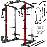 GOIMU DP01 Power Cage, 2000LBS Squat Rack with Cable Crossover and Dual Independent Pulley System, Full Cage for Full Body Training, Power Rack with More Training Attachments for Home Gym (Red)