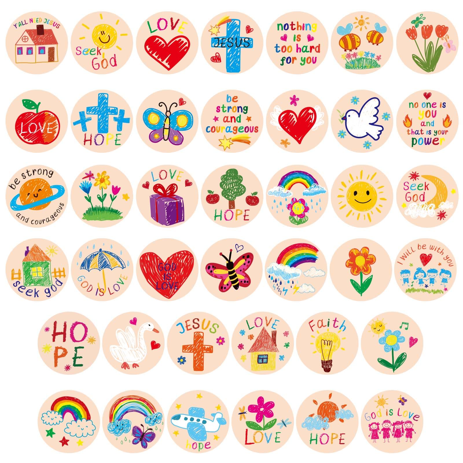 XIHIRCD 600pcs Christian Religious Stickers for Kids, 1" Round Jesus Stickers for Kids Adults Inspirational Christian Faith Stickers Catholic Bible Decals for Art Crafts Easter Decor (Drawing Style)