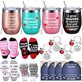 Geiserailie 16 Pcs Christmas Teacher Appreciation Gifts Set Wine Tumblers with Lid Brush Funny Unisex Socks Morse Bracelets and Heart Keychains for Christmas Teacher's Day (Cute)