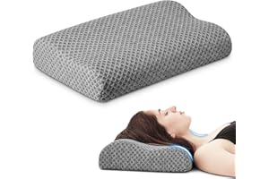 PEUJEW Travel Pillow Memory Foam Pillows, Ergonomic Wave Cervical Neck Pillow for Neck Pain Relief, Compressible Medium Firm Side Sleeper Pillow, Ideal for Camping, Office, Home & Bed (Dark Grey, L)