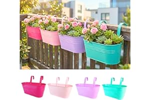 LaLaGreen Rail Planter (17 Inch, 4 Pack) Large Colorful Hanging Flower Pots Fence Railing Balcony Gardening for Apartment Pat