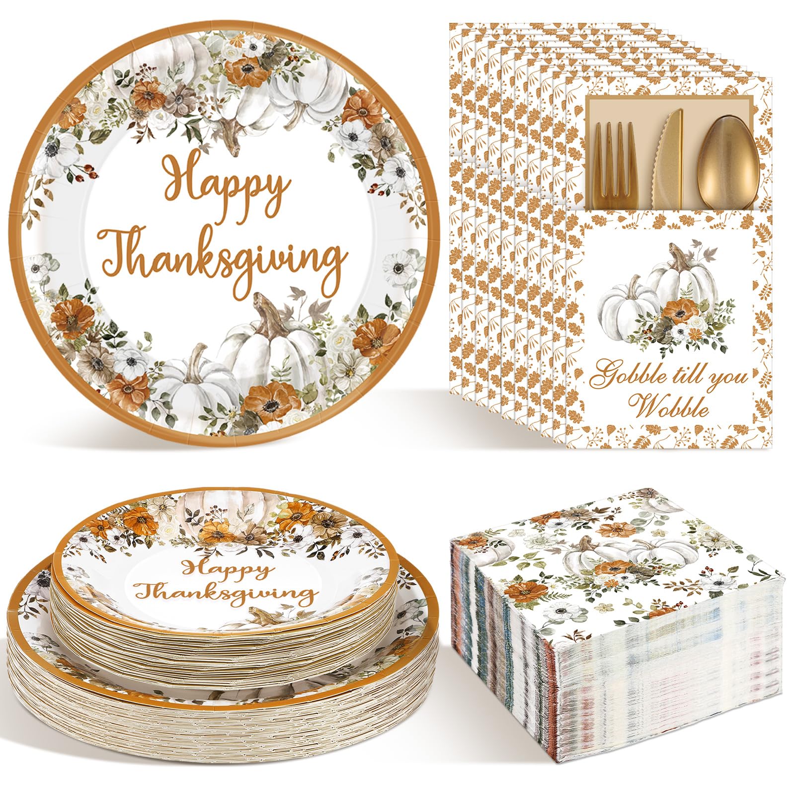 Photo 1 of 264 Pcs Thanksgiving Plates Napkins Disposable Cutlery Holder Set Thanksgiving Centerpieces for Table Decoration Dinner Autumn Leaves Fall Harvest Wedding Decoration