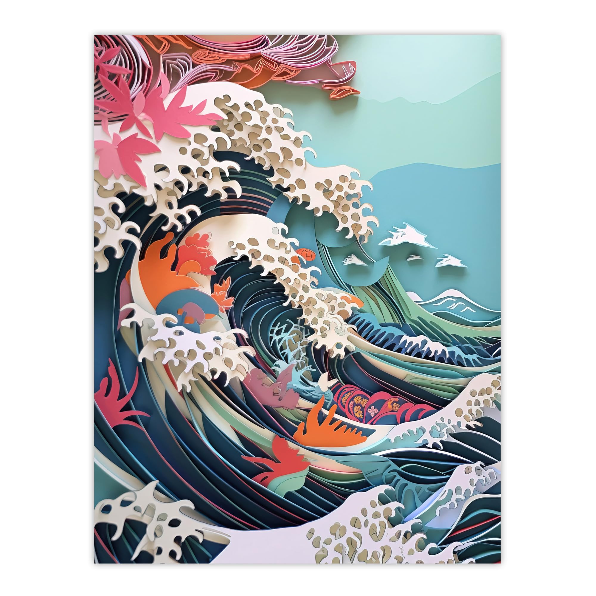 Wee Blue Coo The Great Wave Tropical Seascape Concept Art Multi-Dimensional Artwork Extra Large XL Wall Art Poster Print