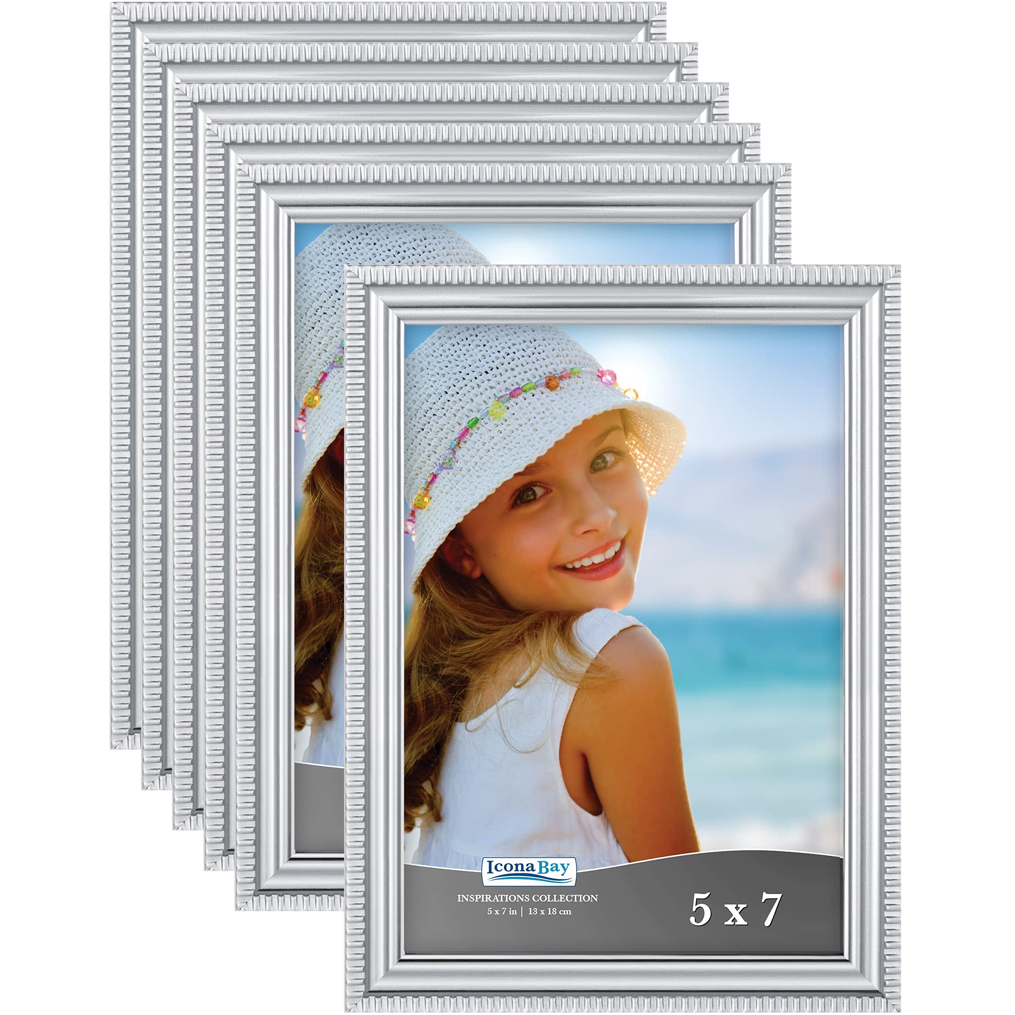 Icona Bay - 7x5 inch Picture Frames - Silver, 6 Pack - Beautifully Detailed Moulding - Contemporary Picture Frame Set - Wall Mount or Table Top - Inspirations Collection