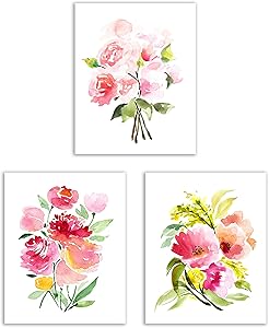 Floral Watercolor Pastel Flower Art Prints — Set of Three 8x10 Photos — Pretty Pink Collection of Zinnias, Poppies, Peonies and Ranunculus