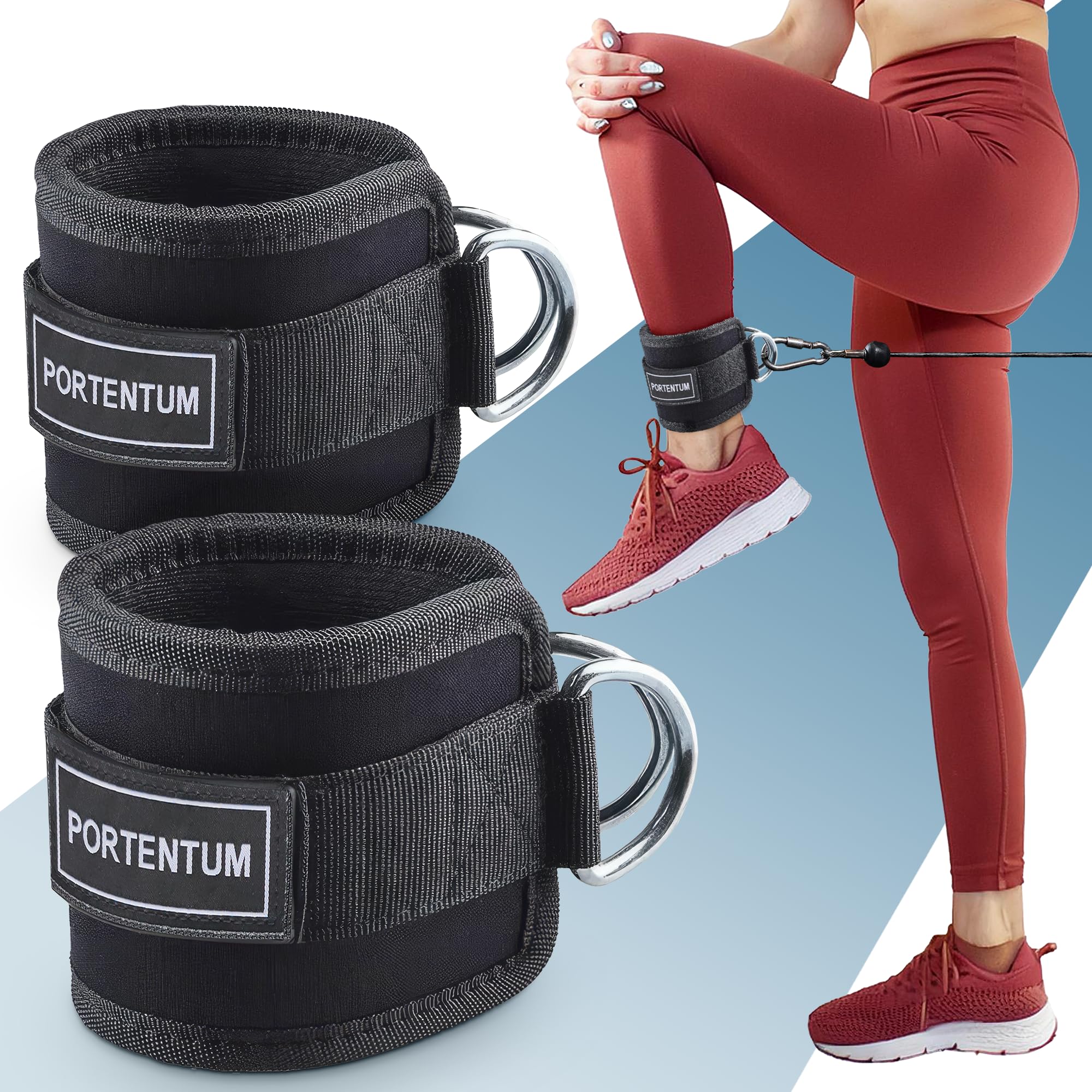 PORTENTUM Ankle Straps for Cable Machine (Set of 2) Gym Cuffs with Double Stainless Steel D-Ring, Gym Ankle Cuff with Adjustable Neoprene Velcro, Unisex Muscle Shaping