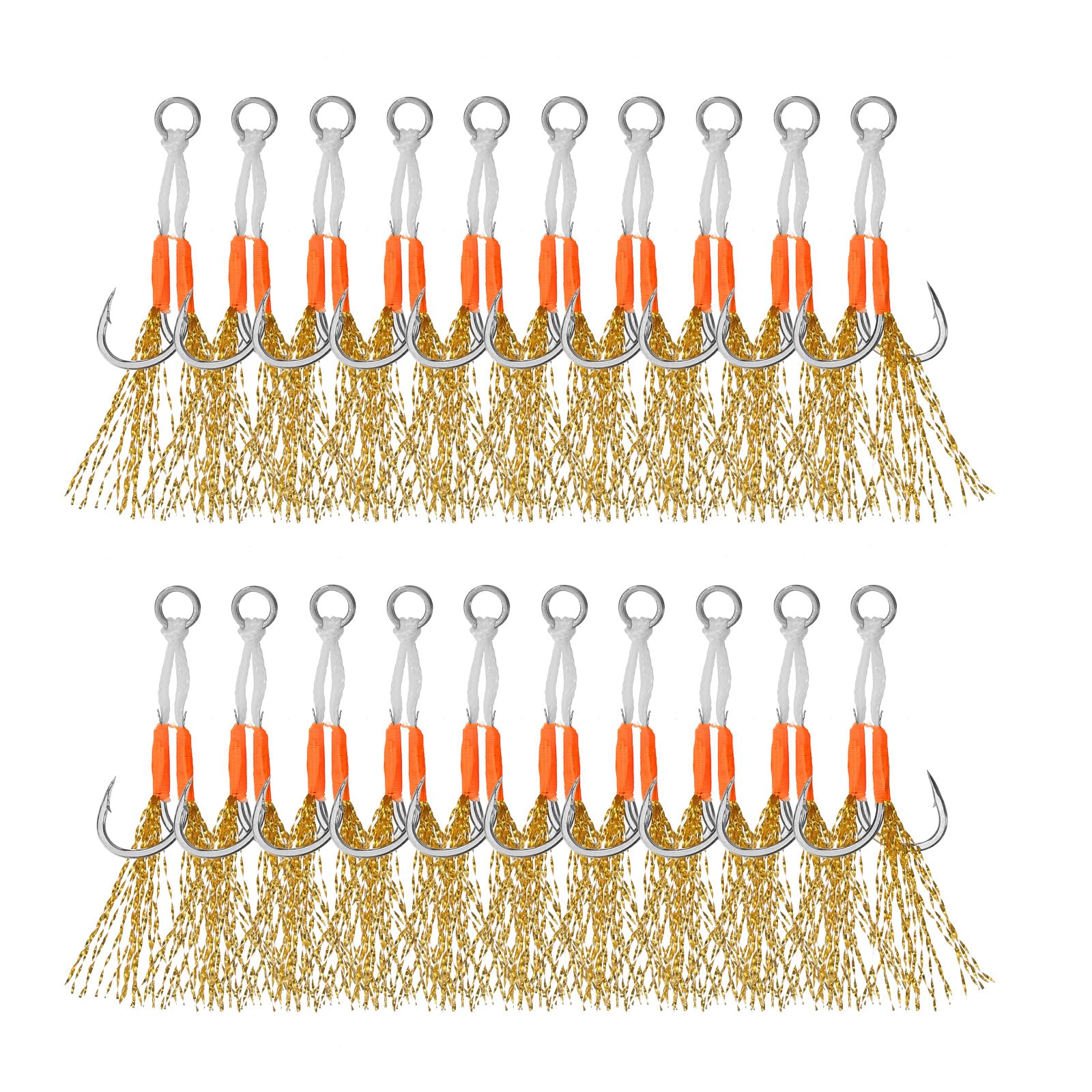 PATIKIL Double Fishing Assist Hooks Kit, 20 Pcs Glow Jigging Hook Slow Fast Fall Jigs Fishing Hooks for Vertical Jigging Lures, Gold Tone (15#, 65mmx15mm)