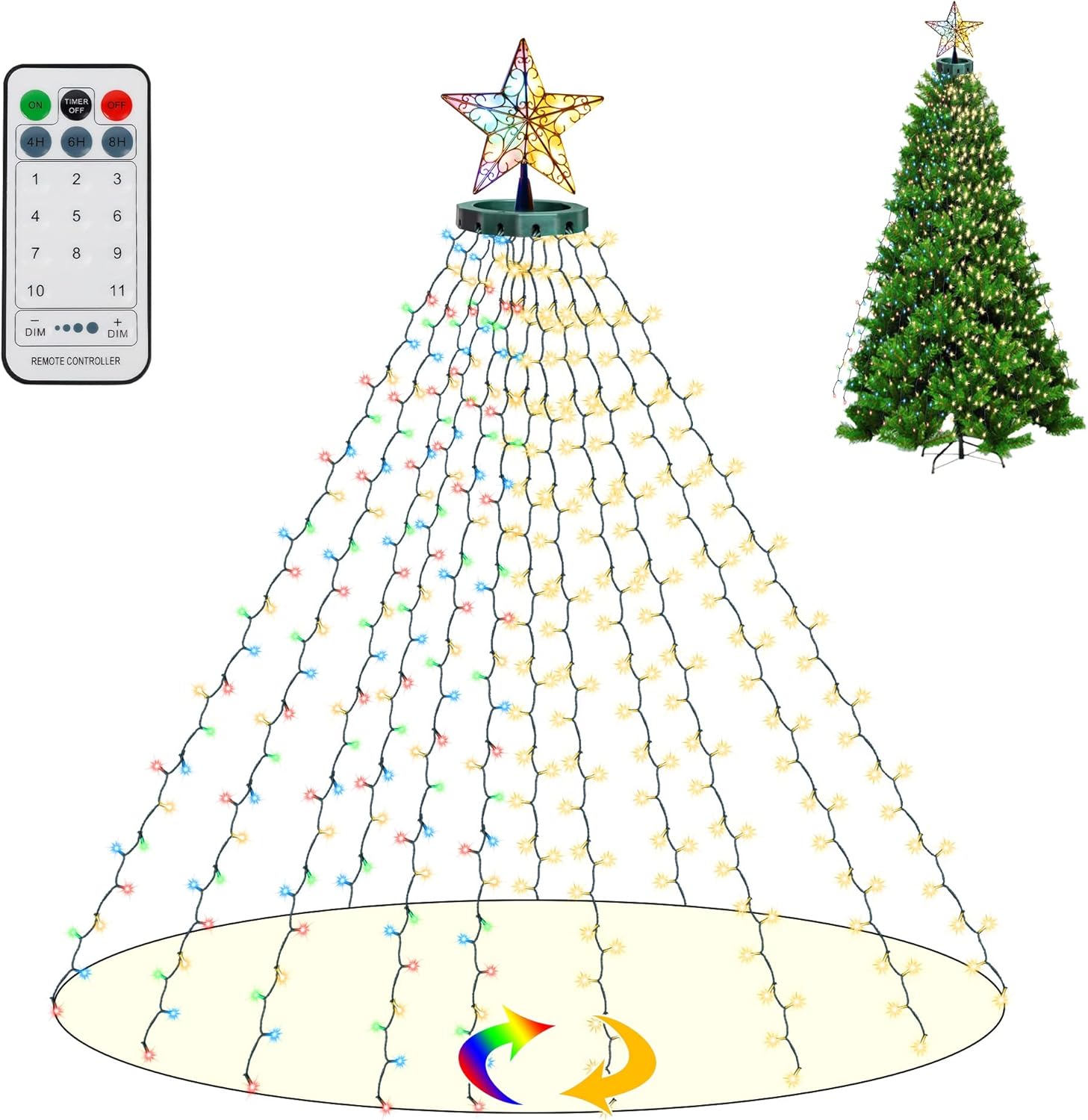 Tree Toppers - WATERGLIDE Christmas Tree Lights with Star Topper, 300LED with 11 Lighting Mode, 6.6ft x 12 String Lights Warm White & Multicolor with Remote for Christmas Decorations, Indoor/Outdoor Xmas Tree Decor