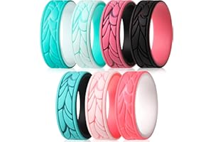 ThunderFit Silicone Rings for Women, Round Patterned Design Wedding Bands 6.8mm Wide 1.8mm Thick, Breathable Bands & Standard