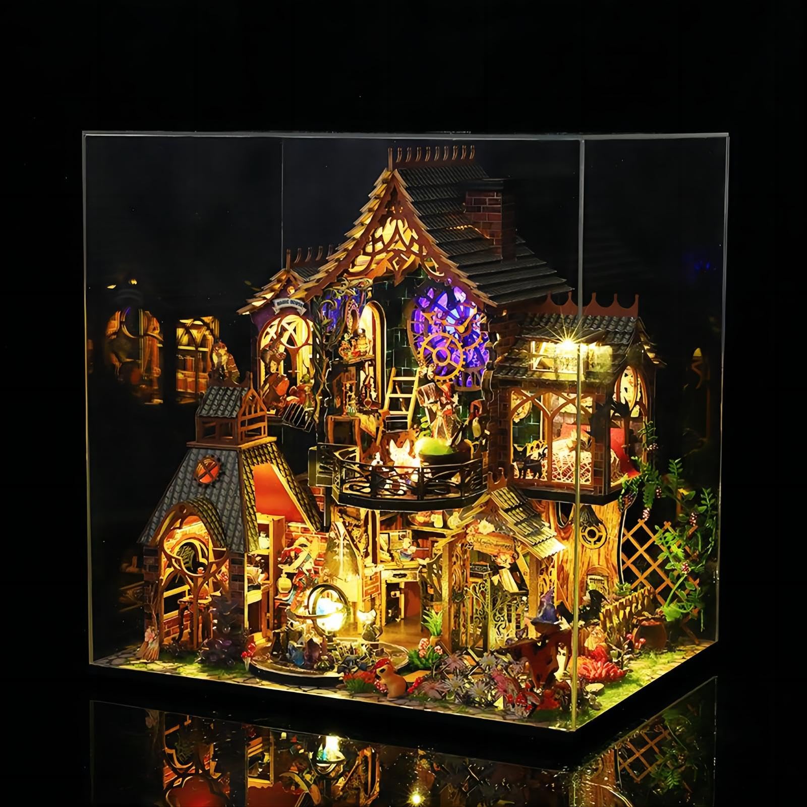 OZJAY DIY Miniature House Kit with Dust Proof Cover & Small Tools, DIY Wooden Dollhouse Miniature Kit for Adults Teen, Wooden Crafts Magic Dollhouse Kit, Home Decor - Magic Spirit