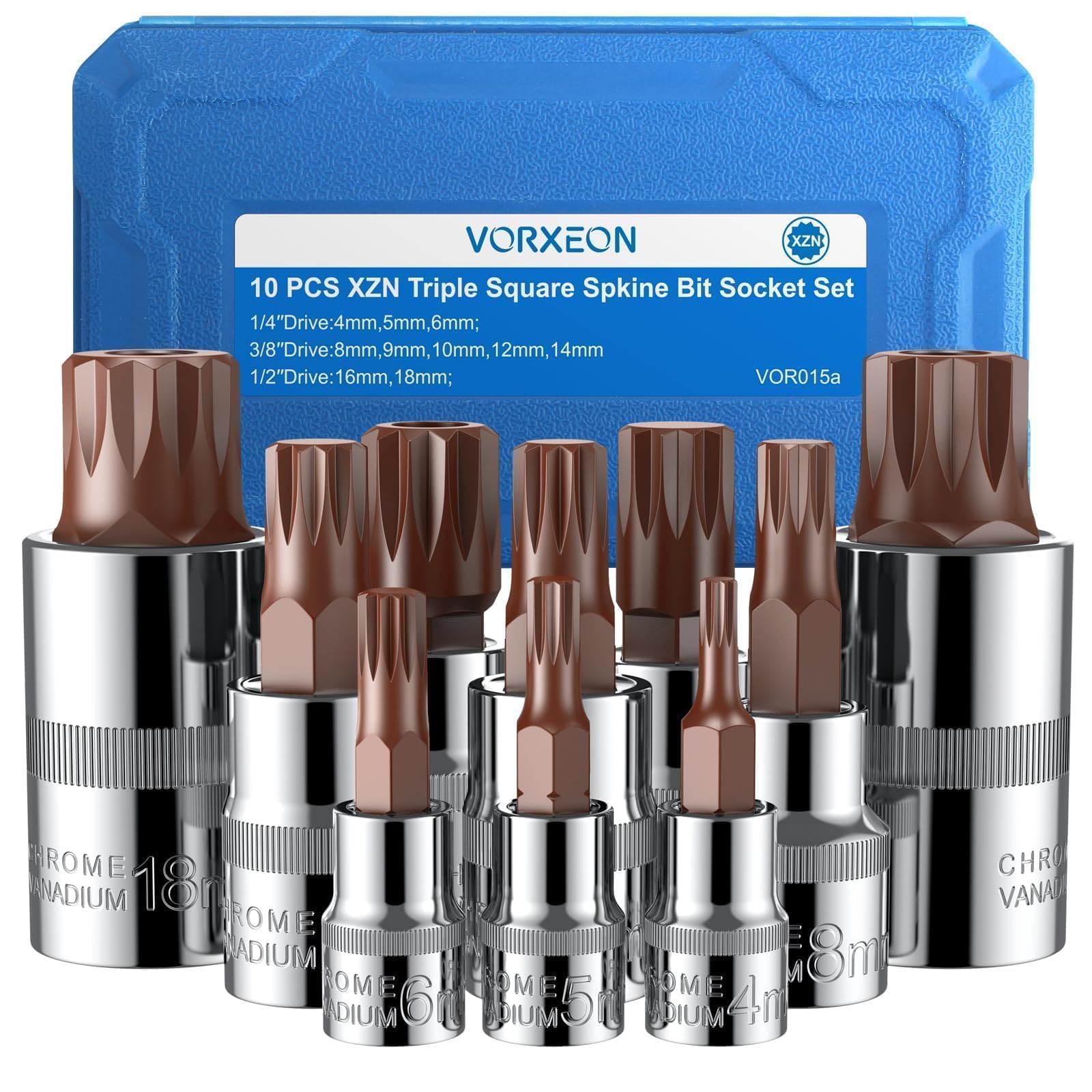 VORXEON 10Pcs Triple Square Spline Bit Socket Set M4-M18 50BV30 CR-V XZN 1/2 3/8 1/4 Drive Socket and S2 Alloy Steel Bit 4mm-18mm Spline sockets with Storage Case for Volkswagen BMW Benz Audi.etc — image 1