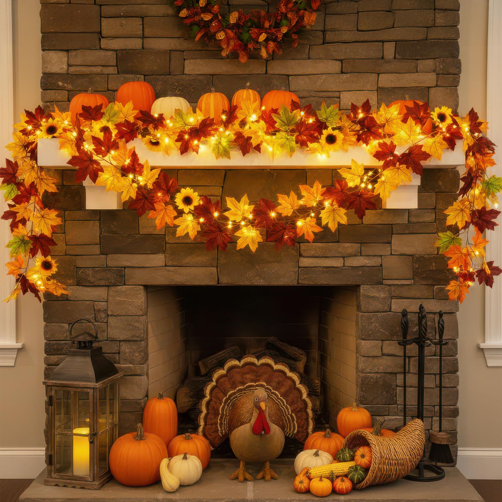 Photo 1 of 2 Pack Fall Garland Maple Leaf, 5.6Ft/Piece Hanging Vine Garland with lightsArtificial Autumn Foliage Garland artificial sunflower Thanksgiving Decor for Home Wedding Fireplace Party Christmas