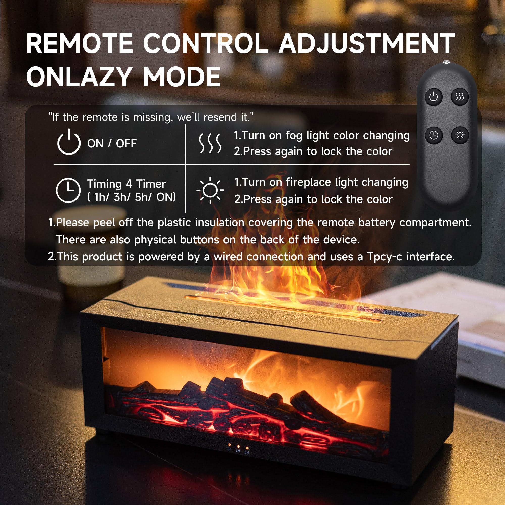 Fireplace Flame Air Diffuser Humidifier,7 Colors Aromatherapy Essential Oil Diffuser,Ultrasonic Aroma Humidifier with Timer for Home,Bedroom,Office,Yoga (Black, L)