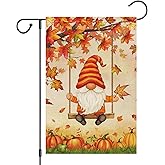 Heyfibro Fall Gnome Welcome Garden Flag 12x18 Double Sided Burlap, Autumn Pumpkin Maple Leave Yard Flags for Thanksgiving Rustic Farmhouse Seasonal Outside Outdoor Decoration (ONLY FLAG)