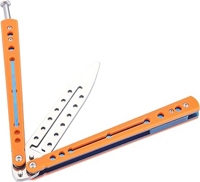 Amazon バタフライナイフ 戦術トレーナー練習用 折りたたみ訓練道具 鈍い刀刃 バランスとるためブレードに穴付きトレーニングナイフ オレンジ N H フォールディングナイフ