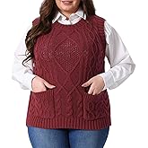 Agnes Orinda Plus Size Sweater Vest for Women Knitted Crew Neck Sleeveless Pocket Pullober Sweater Tops