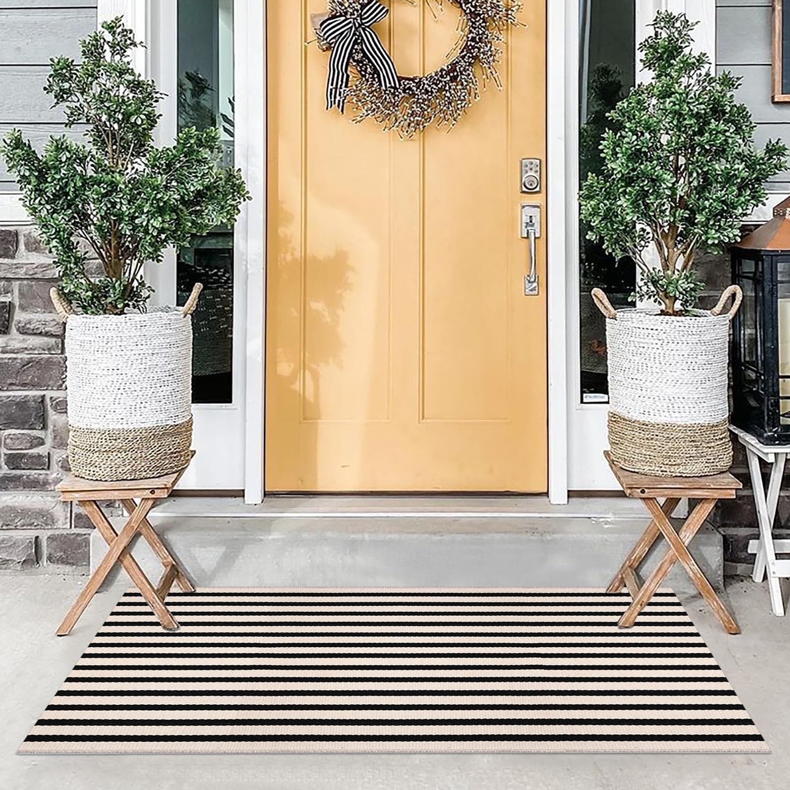 Photo 1 of Black and White Striped Rug 24'' x 51'' Washable Indoor Outdoor Rug Front Porch Doormat Cotton Hand-Woven Farmhouse Layered Double Door Mats for Front Porch, Patio, Entryway, Laundry Room