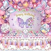 BOLAKE 138PCS Butterfly Birthday Decorations for Girls, Butterfly Party Supplies Include Balloon Arch Butterfly Backdrop Foil Balloon 3D Butterfly Wall Decors Tablecloth Cake Topper Tassle
