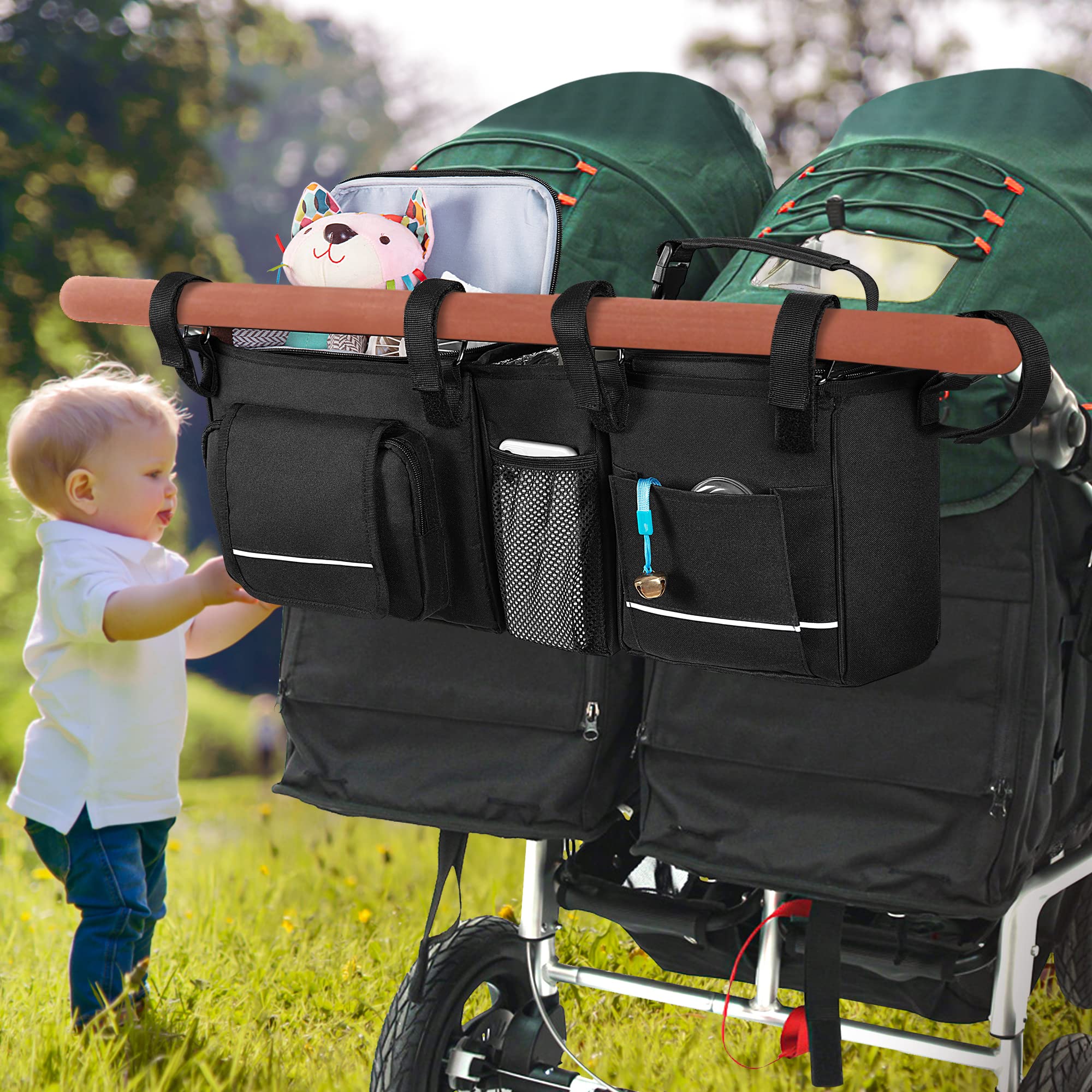 Double Stroller Organizer Compatible with BOB Duallie & Compatible with Baby Jogger City Mini GT2 Stroller, Double Stroller Parent Console with Detachable Cooler & Cup Holder, Patent Pending