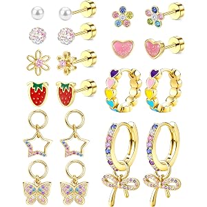 YADOCA Hypoallergenic Kids Earrings for Girls Women Flat Back Earrings | Surgical Steel Earrings Stud Charms Dangle Hoop Earr