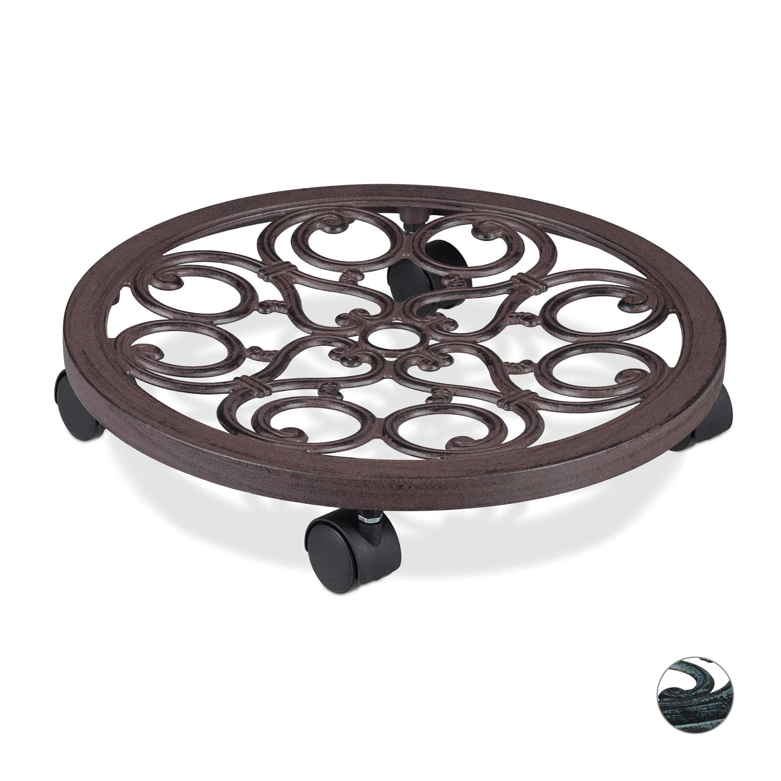 Relaxdays Round Plant Caddy, Metal Flower Pot Roller for Indoors & Outdoors, Antique Look, Ø 38 cm, Brown
