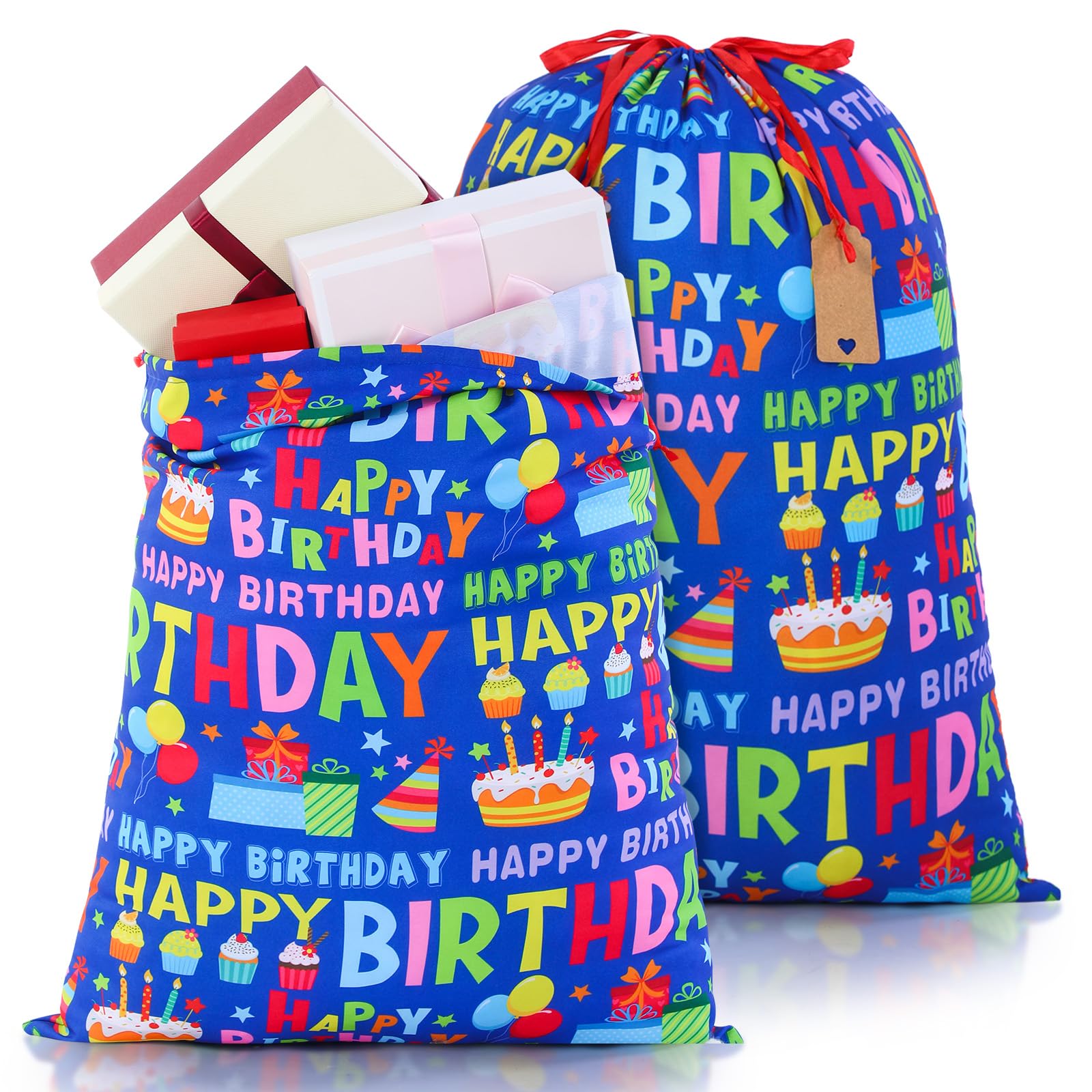 Photo 1 of Pickmesh 2 Pcs Happy Birthday Drawstring Gift Bags 20 x 28 Inch Extra Large Baby Shower Bags Reusable Fabric Colorful Birthday Wrapping Pouches for Baby Shower Gender Reveal Supplies Decor(Blue)