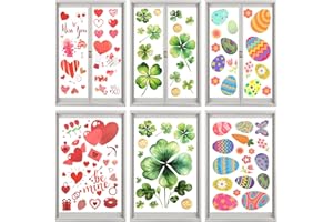 BINGZAIR Valentines Day Decor Window Clings Set, 8 Sheets for Valentines, St Patricks, Easter Decorations, with Love Heart, Lucky Shamrock, Easter Eggs Window Stickers for Kids Home School Kitchen Decor