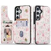 ZCDAYE for Samsung Galaxy S25/S24 Wallet Case with Card Holders,PU Leather Double Magnetic Clasp Kickstand Trendy Girly Women Case for Samsung Galaxy S25/S24,Pink Flowers