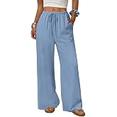 LOOKBOHO Wide Leg Pants for Women Summer Flowy Palazzo Drawstring Elastic Waist Beach Trousers with Pockets Vacation Outfits