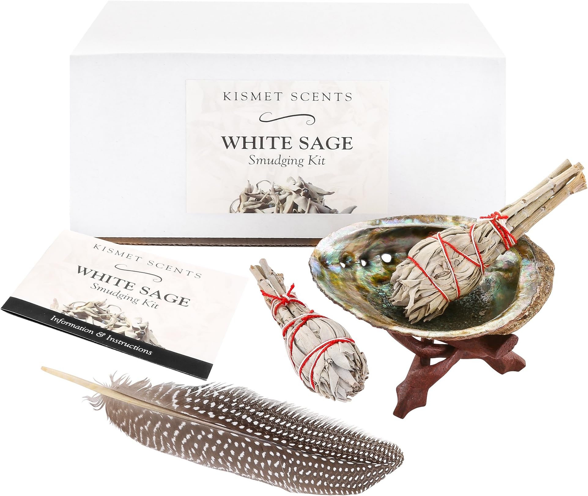 Kismet Scents White Sage Smudging Kit Gift Set - Abalone Shell, White Sage, Stand, Feather and Instructions. Incense for Cleansing, Purifying, Healing, Blessing