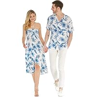 Matchable Couple Hawaiian Luau Shirt Or Wrap Ruffle Dress In Hibiscus Blue