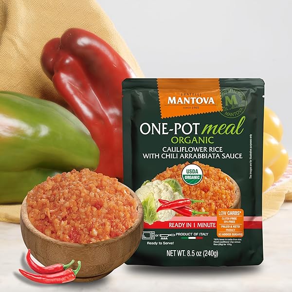 MANTOVA ORGANIC SPICY ARRABBIATA CAULIFLOWER RICE – LOW-CARB & KETO-FRIENDLY, BOLD ITALIAN FLAVOR WITH CHILI HEAT, READY-TO-COOK & GLUTEN-FREE, 8.5 OZ (PACK OF 6)
