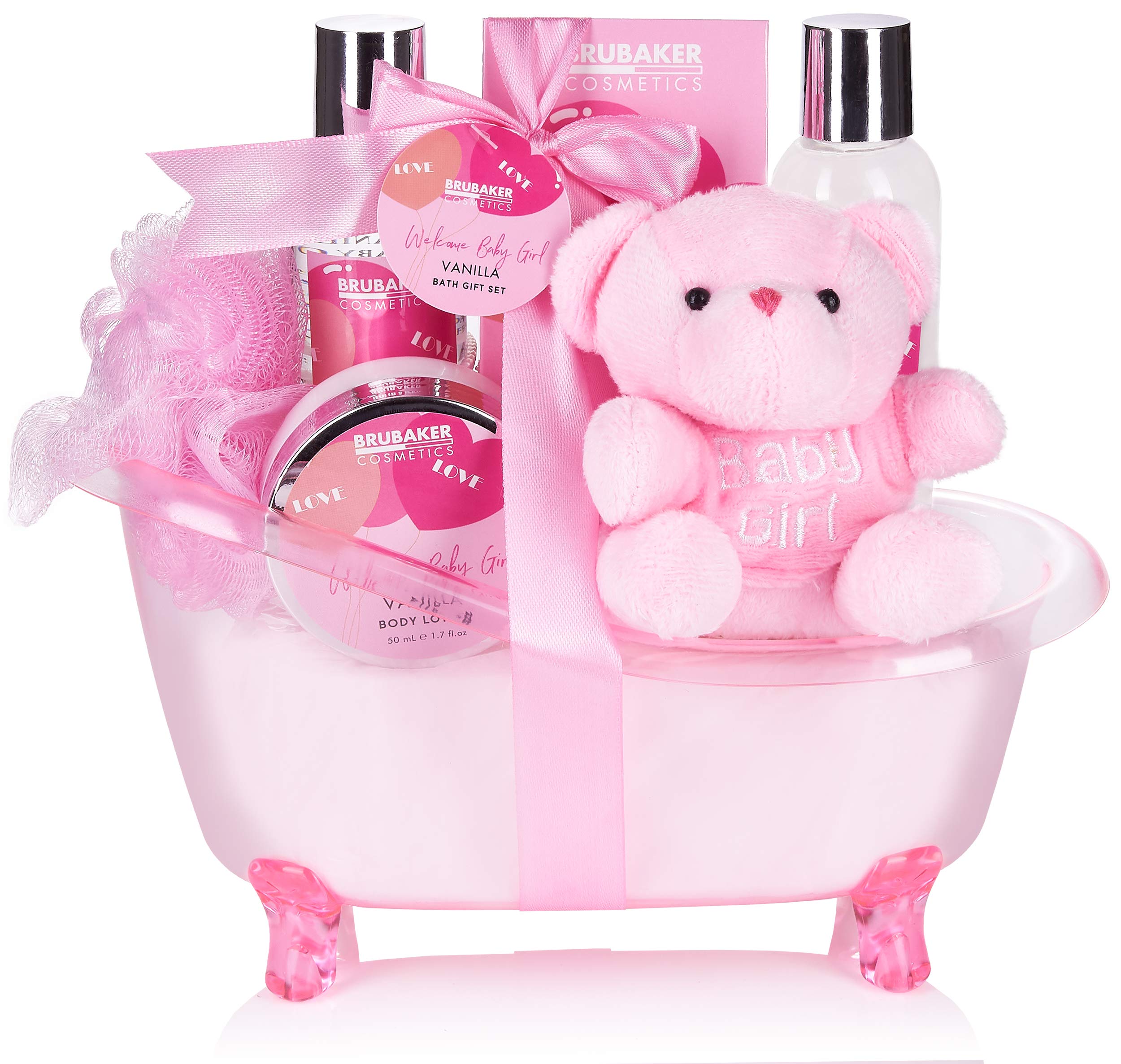 BRUBAKER 7-Piece Baby Gift Set - Welcome Set for Girls - Baby Care Set with Tub and Plush Bear - Pink