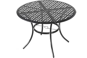 Festival Depot Dining Side Coffee Outdoor Patio Bistro Metal Sturdy Steel Legs Wrought Iron Round Table with 2.04''Umbrella Hole Grid Slatted Steel Desktop Design Φ42.1''28.7''(H),Black