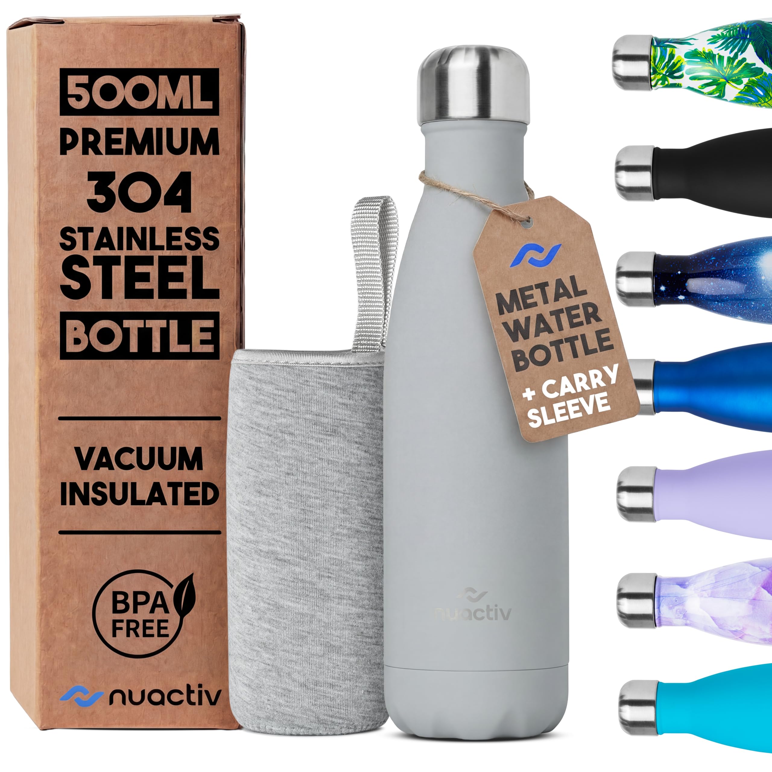 Nuactiv Stainless Steel Water Bottle 500ml, Vacuum Insulated Metal Flask, Leakproof, BPA Free, Reusable Sports Flask, Keeps Drinks Cold 24h & Hot 12h, for Gym, Travel, Work & School