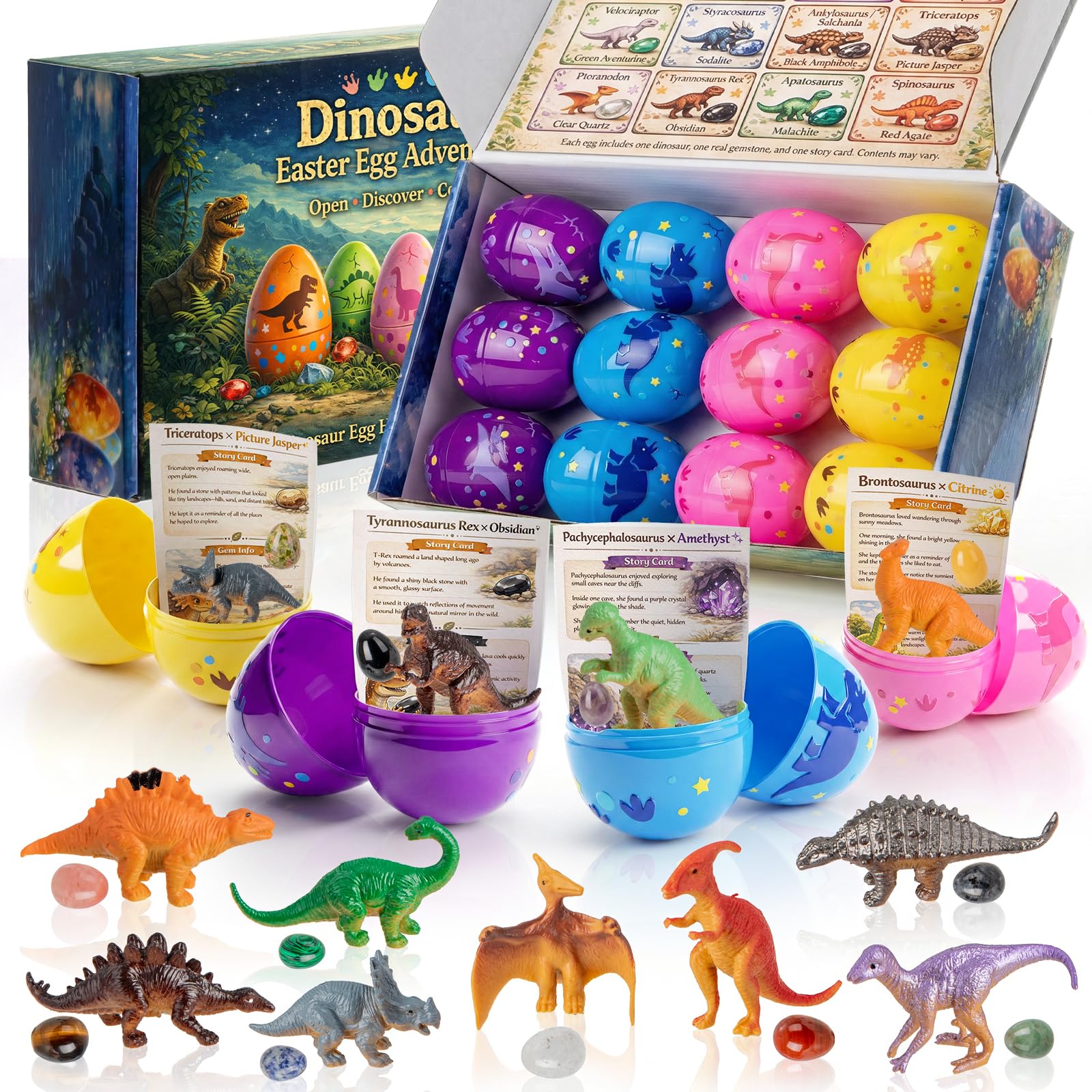 AONTESS Easter Egg Fillers & Basket Stuffers - Prefilled Easter Eggs, 12 Pcs Dinosaur Toys & Real Gemstones, Scientific Gifts with Story Cards for Kids, Easter Toys Party Favor foe Egg Hunt