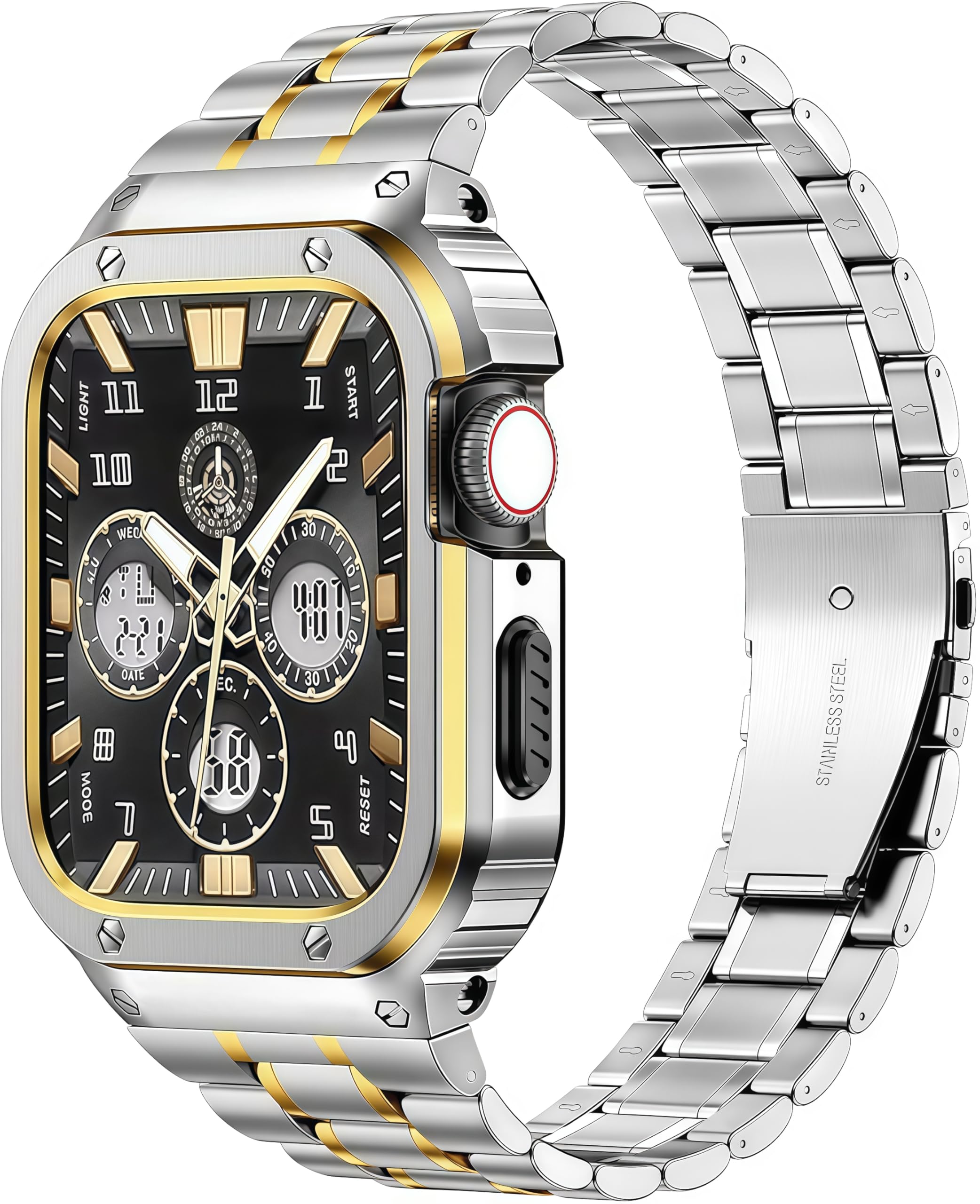 MioHHR Stainless Steel Watch Band with Case Compatible for Apple Watch Bands 38/40/41 mm,Rugged Strap with Metal Protective Bumper Cover for iWatch Series 9/8/7/6/5/4/SE/3/2/1 for Men(Silver/Gold)