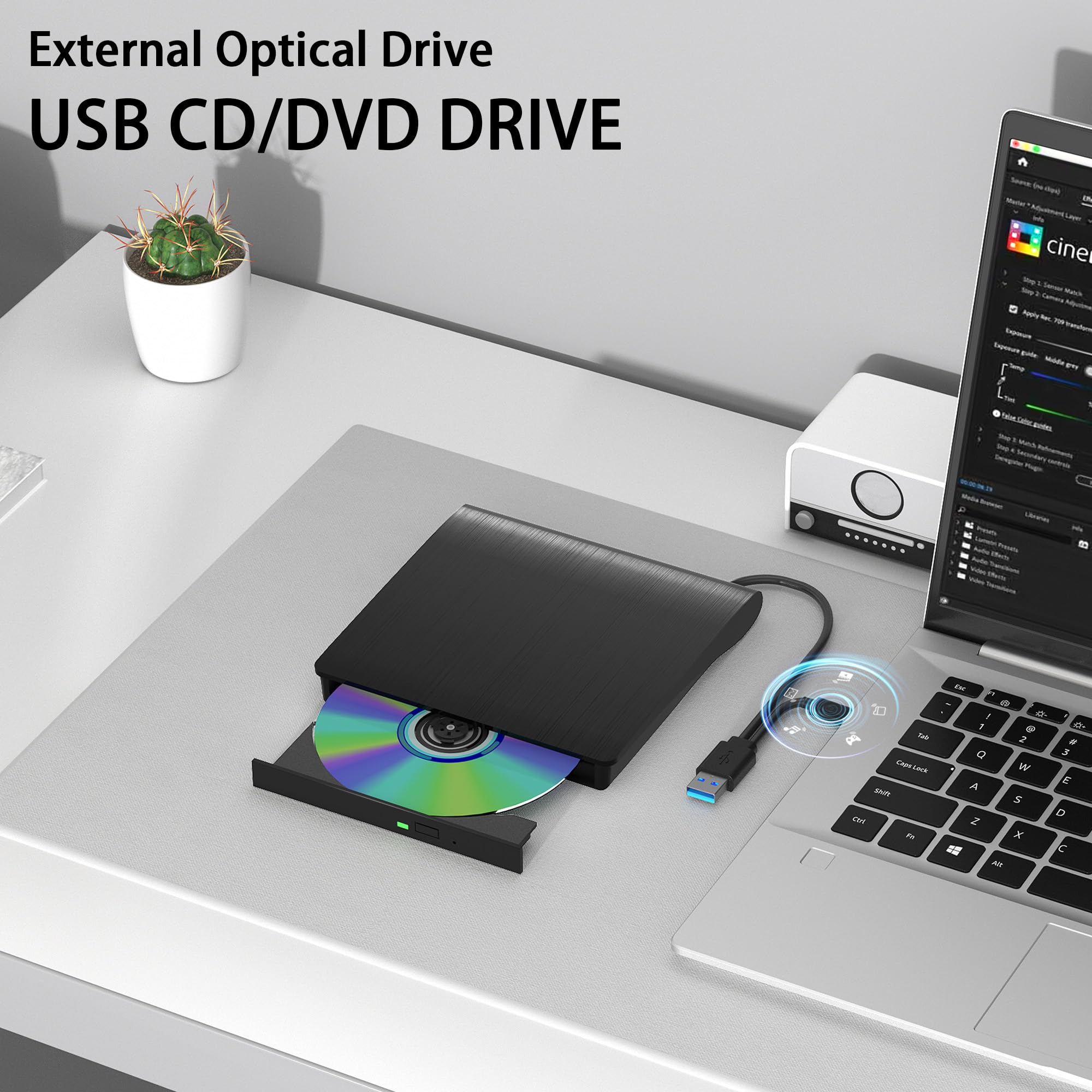 juwuoi External CD/DVD Drive for Laptop PC CD DVD Player USB 3.0 Portable Optical Drive CD Burner Compatible with Windows 10 11 Linux Mac OS (Black)