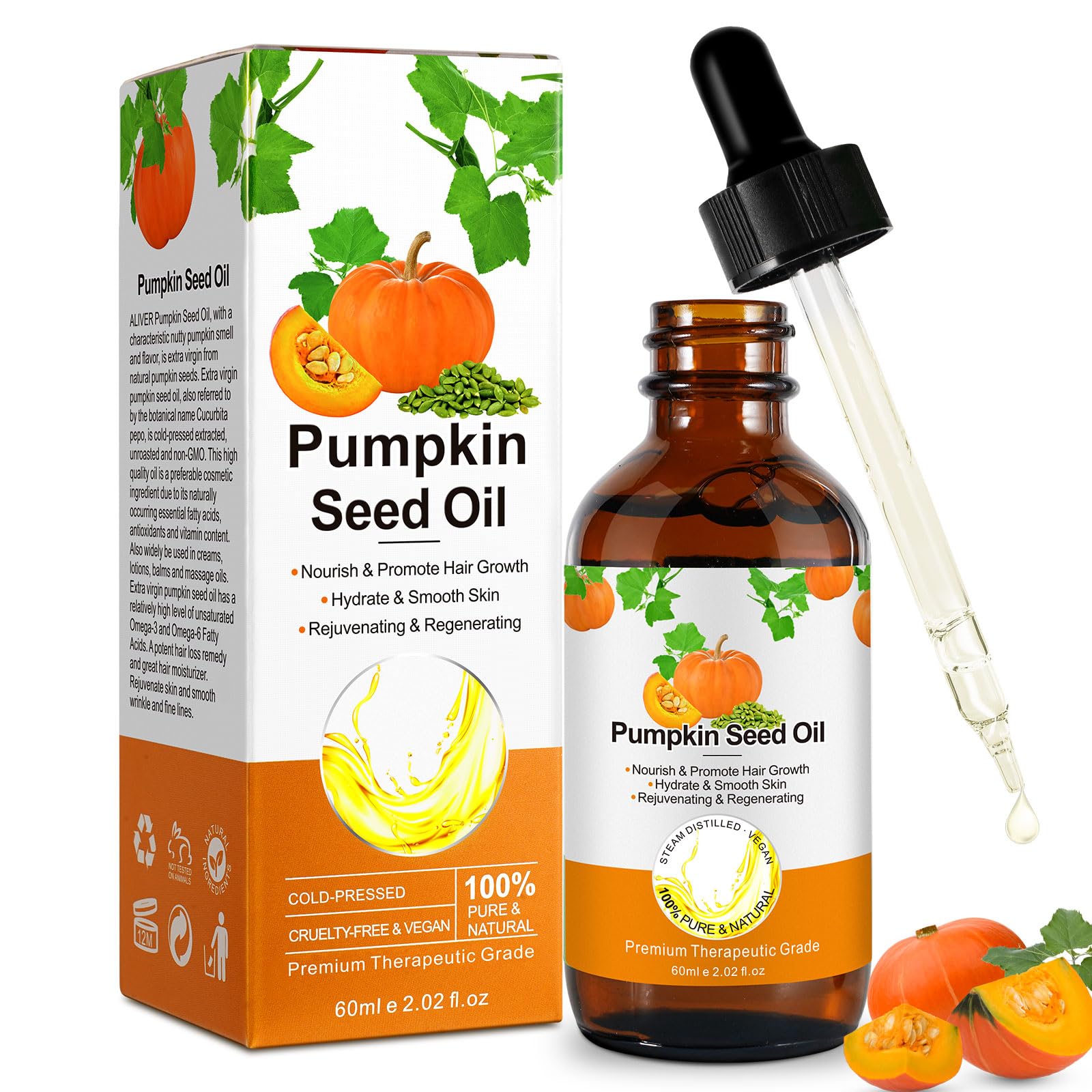 Vinimay Pumpkin Seed Oil for Hair Growth,Organic Cold Pressed Pumpkin Seed Oil for Skincare,Face,Hair Care,Eyebrow and Eyelash Growth,Improve Hair Loss and Nourishes Scalp for Men and Women,60ml